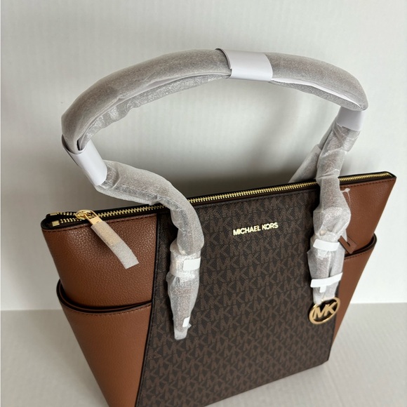 NWT Michael Kors Charlotte Top Zip Tote MK Signature Shoulder Bag Brown - Picture 6 of 15